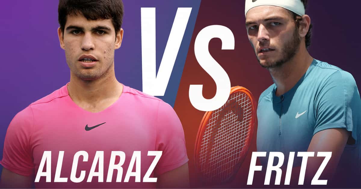 Miniatura elegante del match Alcaraz vs Fritz al Six Kings Slam con sfondo moderno in toni viola e arancio.