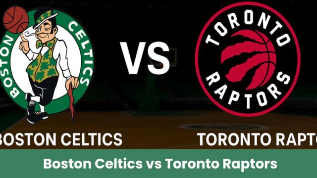 Immagine promozionale del match NBA tra Boston Celtics e Toronto Raptors con loghi ufficiali e sfondo di campo da basket.