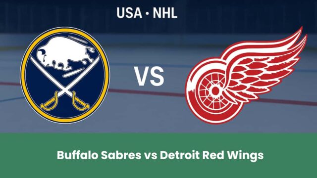 Logo matchup Buffalo Sabres vs Detroit Red Wings su pista di ghiaccio NHL.