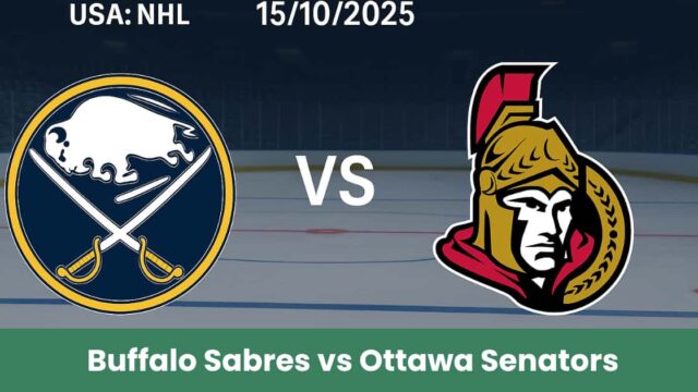 Grafica del match NHL tra Buffalo Sabres e Ottawa Senators del 15 ottobre 2025 su sfondo pista di hockey.