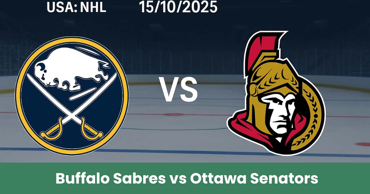 Grafica del match NHL tra Buffalo Sabres e Ottawa Senators del 15 ottobre 2025 su sfondo pista di hockey.