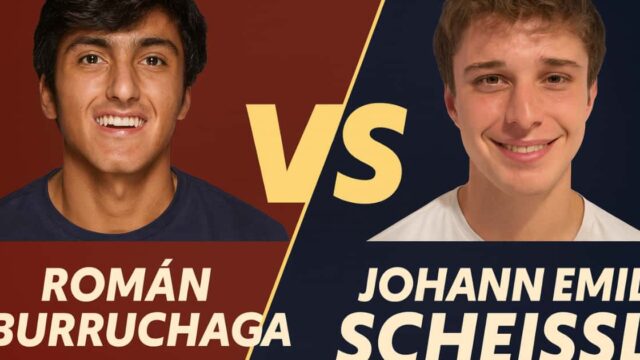 Grafica del match tra Román Burruchaga e Johann Emil Scheissl con design elegante e contrasto di colori caldi e scuri, titolo centrale “VS”.