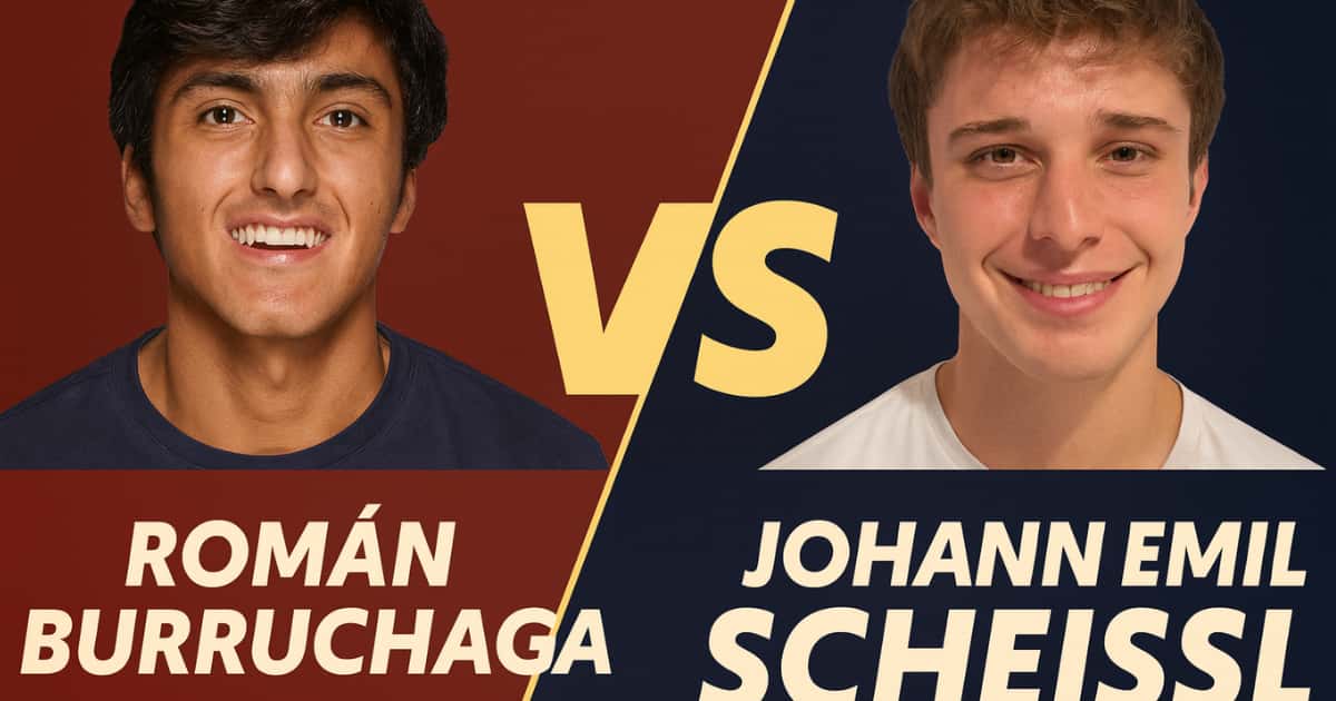 Grafica del match tra Román Burruchaga e Johann Emil Scheissl con design elegante e contrasto di colori caldi e scuri, titolo centrale “VS”.