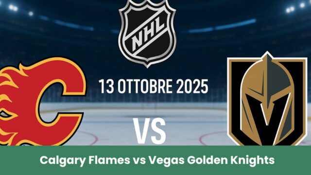 Calgary Flames e Vegas Golden Knights su pista di hockey con data della partita NHL 13 ottobre 2025.