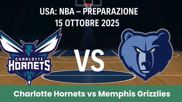 Immagine promozionale della partita NBA tra Charlotte Hornets e Memphis Grizzlies del 15 ottobre 2025 su un campo da basket.