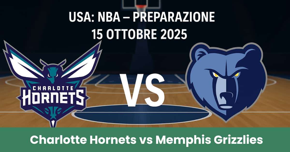 Immagine promozionale della partita NBA tra Charlotte Hornets e Memphis Grizzlies del 15 ottobre 2025 su un campo da basket.
