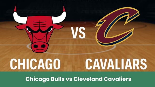 Immagine promozionale del match NBA di preparazione tra Chicago Bulls e Cleveland Cavaliers su campo da basket illuminato.