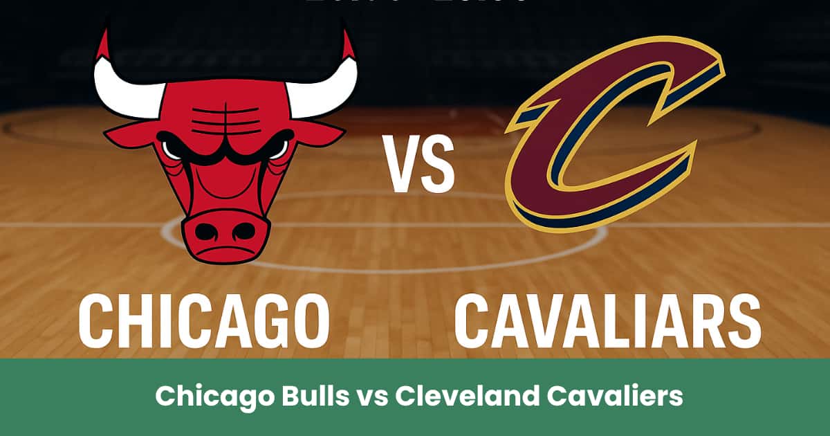 Immagine promozionale del match NBA di preparazione tra Chicago Bulls e Cleveland Cavaliers su campo da basket illuminato.