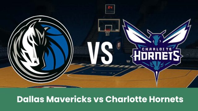 Immagine promozionale del match NBA Dallas Mavericks vs Charlotte Hornets su un campo da basket.