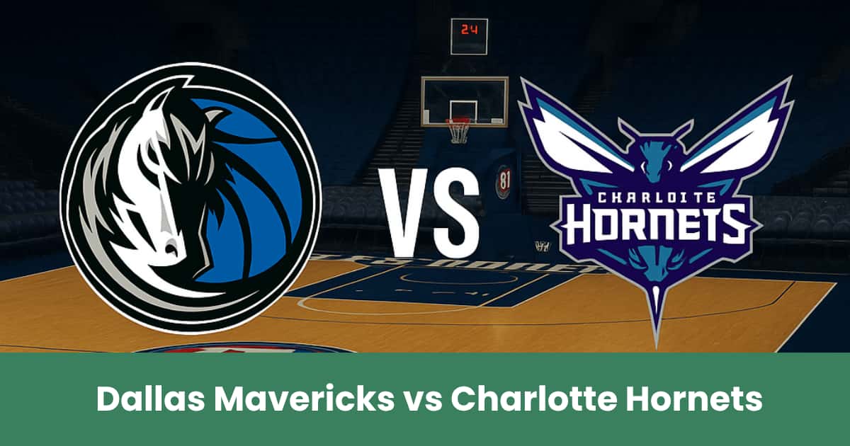 Immagine promozionale del match NBA Dallas Mavericks vs Charlotte Hornets su un campo da basket.