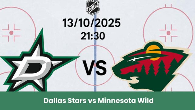 Immagine del match NHL tra Dallas Stars e Minnesota Wild su una pista di hockey, con loghi centrati e data 13 ottobre 2025.