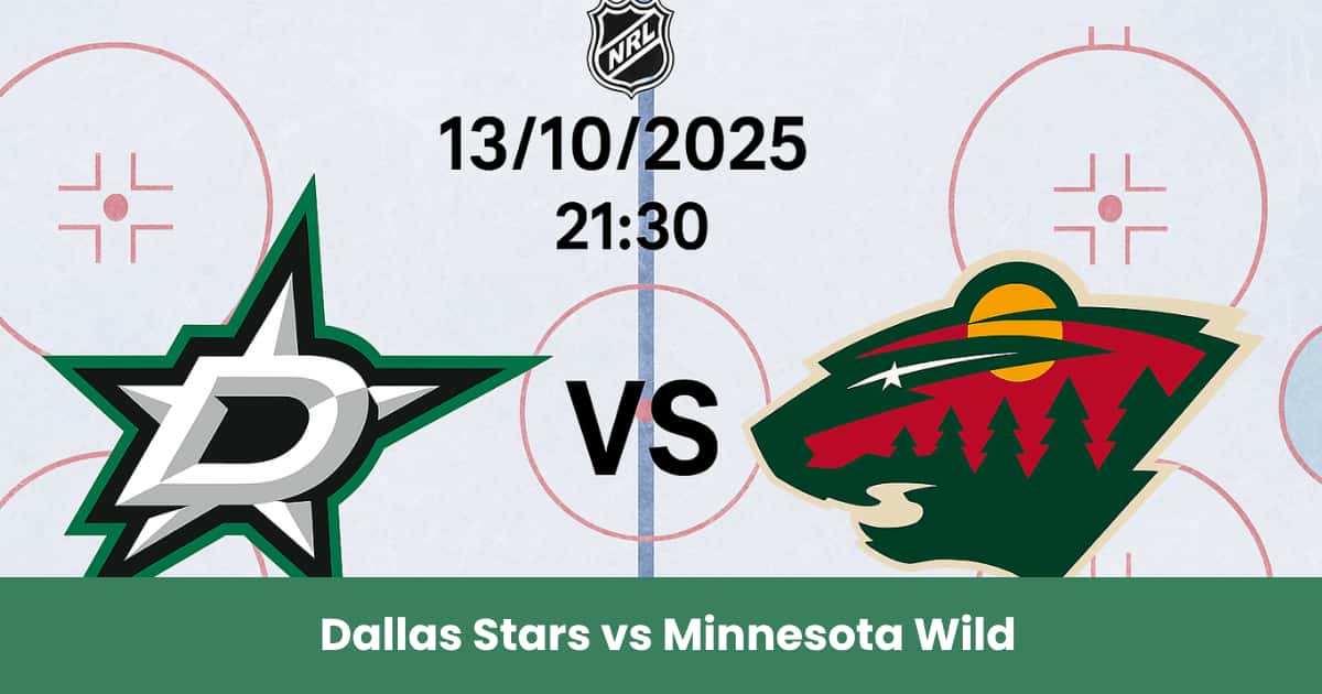 Immagine del match NHL tra Dallas Stars e Minnesota Wild su una pista di hockey, con loghi centrati e data 13 ottobre 2025.