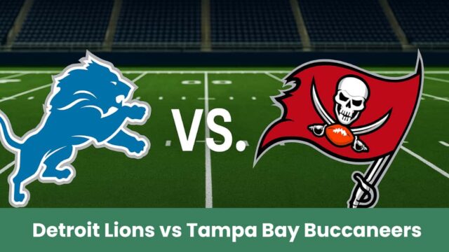 Logo dei Detroit Lions e dei Tampa Bay Buccaneers su un campo da football americano.