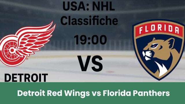 Logo matchup NHL tra Detroit Red Wings e Florida Panthers sul ghiaccio, con data e ora della partita in evidenza.