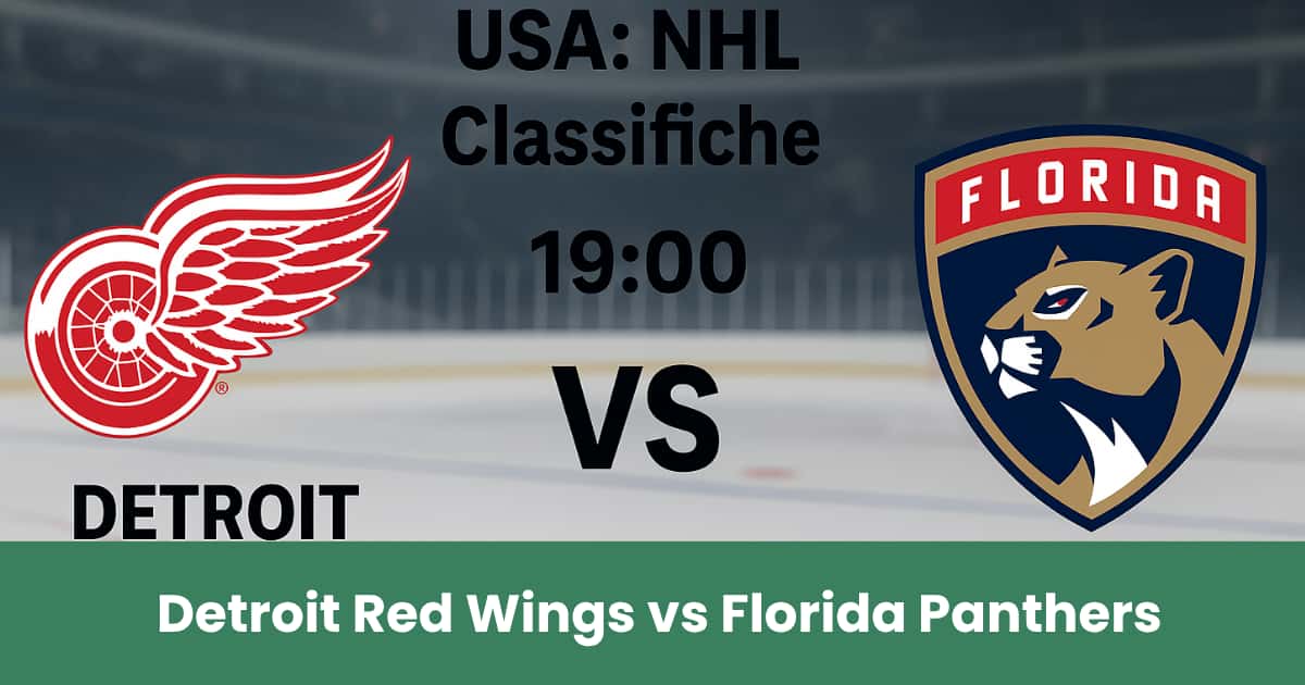 Logo matchup NHL tra Detroit Red Wings e Florida Panthers sul ghiaccio, con data e ora della partita in evidenza.