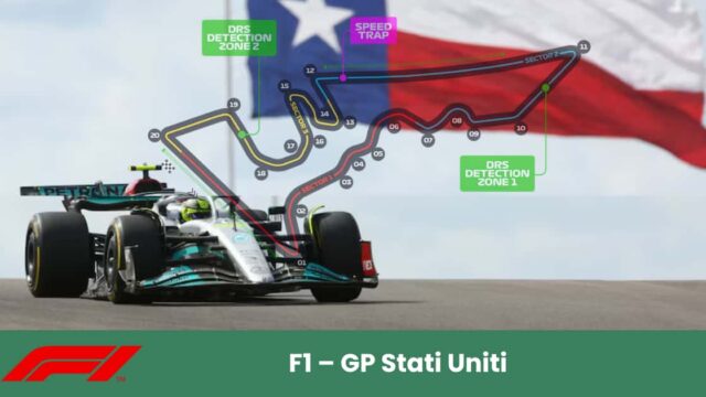 Auto Mercedes di Formula 1 sul Circuit of the Americas con mappa del tracciato sullo sfondo.