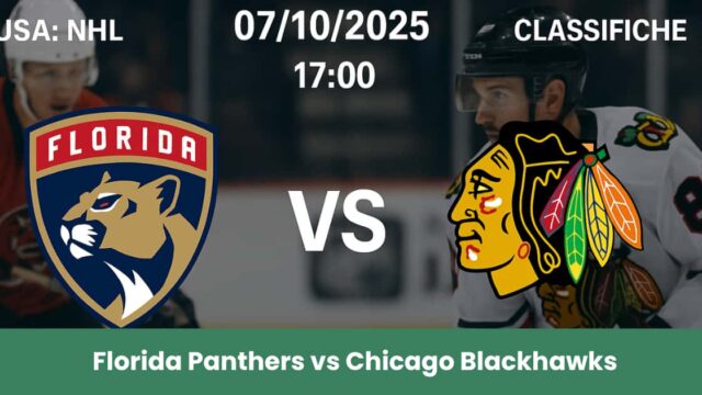 Immagine promozionale della partita NHL tra Florida Panthers e Chicago Blackhawks con i loghi delle squadre e giocatori sullo sfondo.