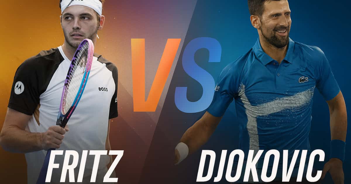 Miniatura elegante per YouTube del match di tennis tra Taylor Fritz e Novak Djokovic con colori moderni e contrastanti, titolo centrale “VS” e stile sportivo professionale.