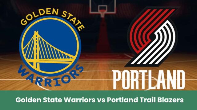 Logo Golden State Warriors e Portland Trail Blazers su una cancha di basket illuminata, immagine del match NBA Preseason 2025.