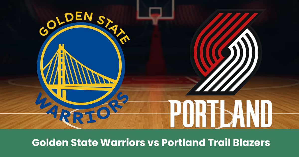 Logo Golden State Warriors e Portland Trail Blazers su una cancha di basket illuminata, immagine del match NBA Preseason 2025.
