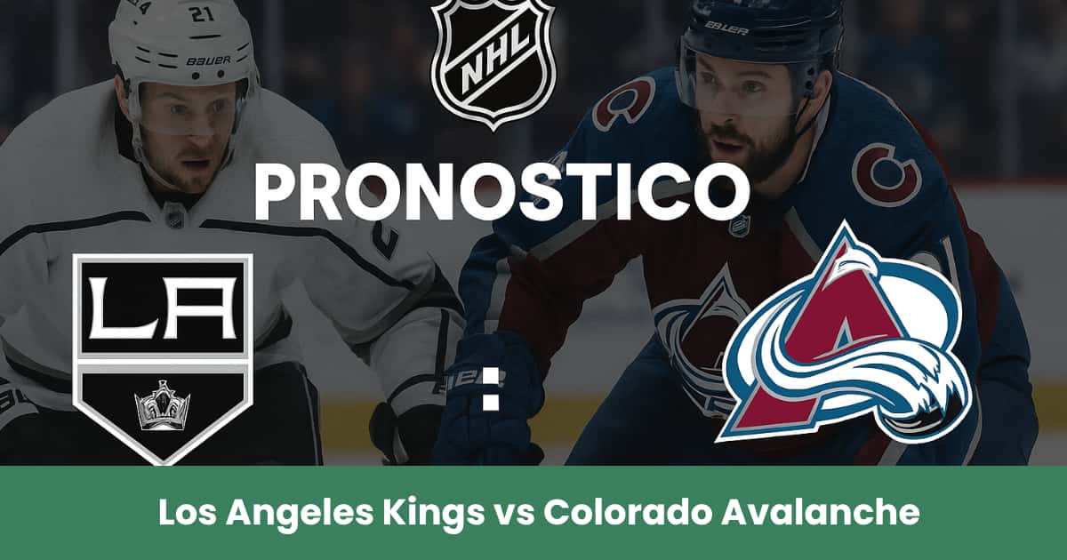 Partita NHL tra Los Angeles Kings e Colorado Avalanche con giocatori sul ghiaccio e loghi delle squadre.