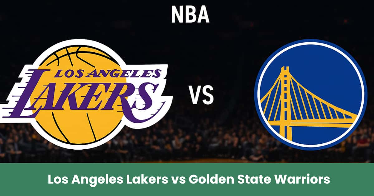 Partita NBA Los Angeles Lakers vs Golden State Warriors sul campo da basket, con loghi e data 21 Ottobre 2025.