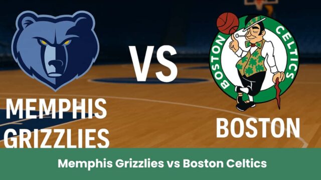 Grafica del match NBA di preparazione Memphis Grizzlies vs Boston Celtics su sfondo di campo da basket.