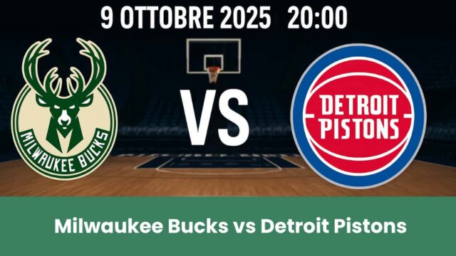 Grafica del pronostico NBA tra Milwaukee Bucks e Detroit Pistons con loghi e campo da basket sullo sfondo.