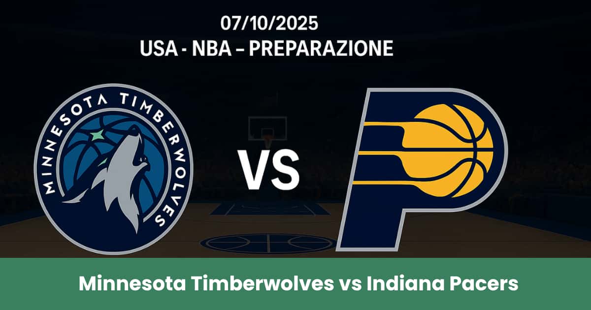 Immagine promozionale della partita NBA di preparazione tra Minnesota Timberwolves e Indiana Pacers su sfondo di campo da basket professionale.