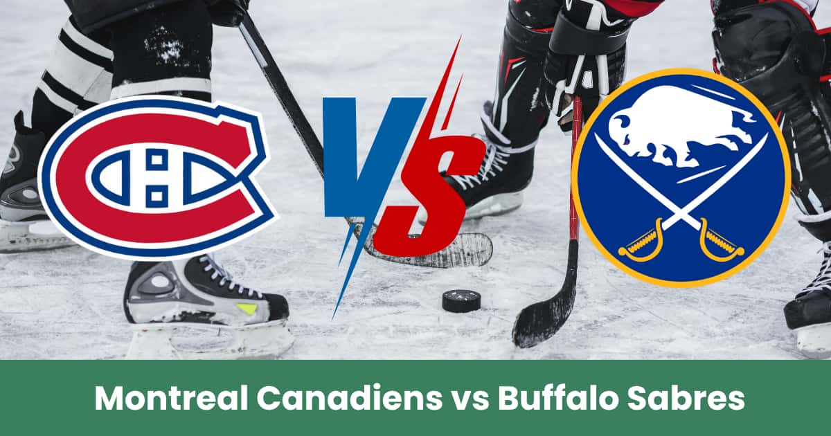 Loghi centrati di Montreal Canadiens e Buffalo Sabres su pista di hockey ghiacciata.