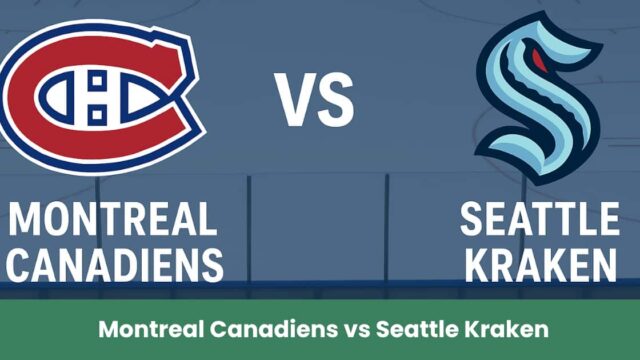 Immagine promozionale NHL con i loghi di Montreal Canadiens e Seattle Kraken su una pista di hockey.