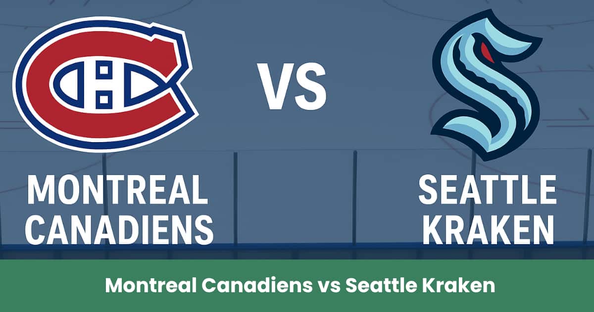 Immagine promozionale NHL con i loghi di Montreal Canadiens e Seattle Kraken su una pista di hockey.
