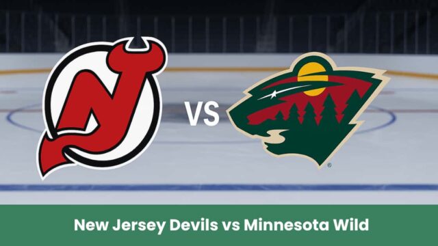 Loghi New Jersey Devils e Minnesota Wild su una pista di hockey ghiacciata.