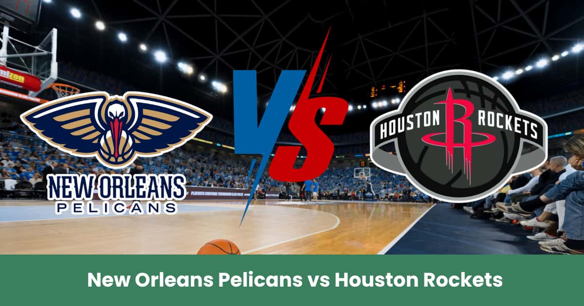 Logo New Orleans Pelicans e Houston Rockets su campo da basket per la partita NBA di preparazione del 13 ottobre 2025.