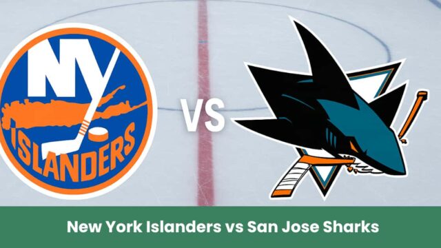 Logo New York Islanders vs San Jose Sharks su pista di hockey NHL.