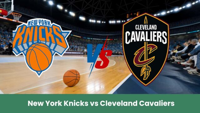 Logo New York Knicks e Cleveland Cavaliers su campo da basket NBA.
