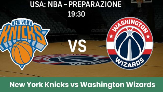 Immagine del pronostico NBA tra New York Knicks e Washington Wizards con loghi e campo da basket sullo sfondo.