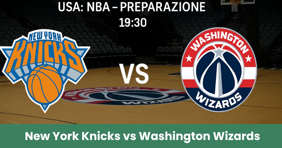 Immagine del pronostico NBA tra New York Knicks e Washington Wizards con loghi e campo da basket sullo sfondo.