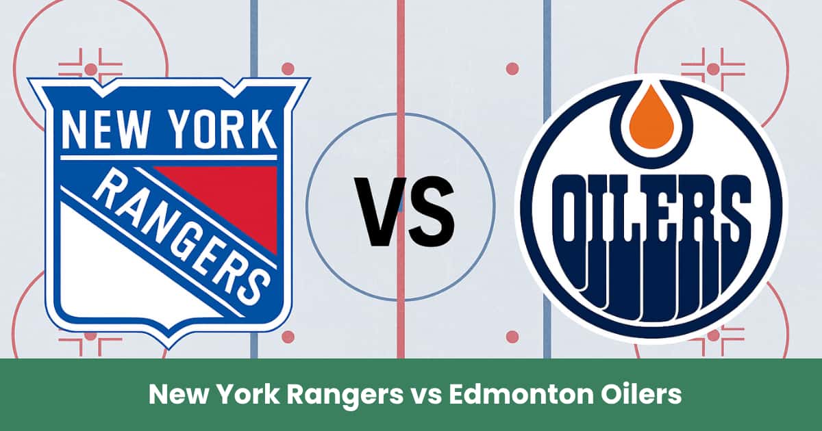 Logo New York Rangers vs Edmonton Oilers su pista di hockey NHL.