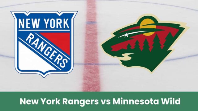 Logo centrali dei New York Rangers e Minnesota Wild su una pista di ghiaccio, immagine promozionale del match NHL 2025.
