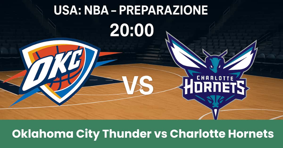 Oklahoma City Thunder vs Charlotte Hornets su un campo da basket illuminato.