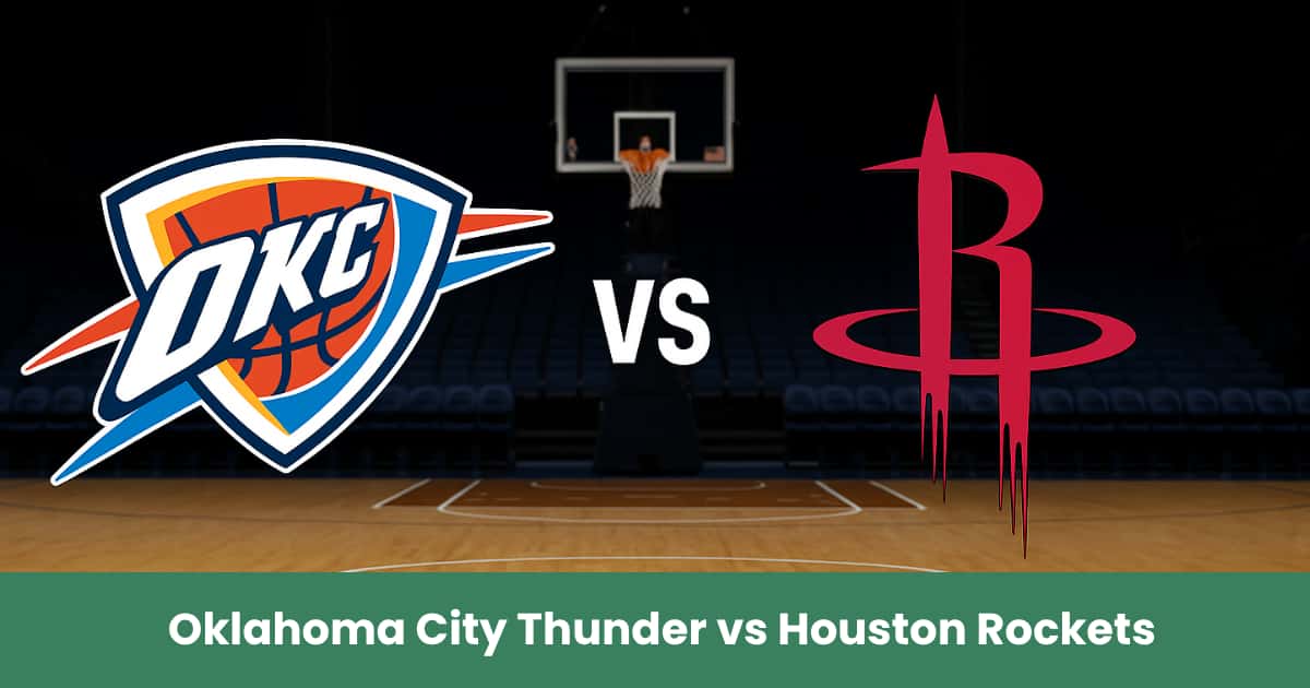 Oklahoma City Thunder vs Houston Rockets su un campo da basket NBA illuminato.