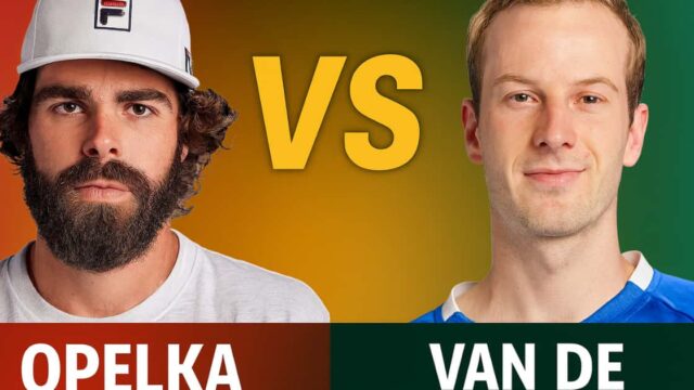 Duello ATP Basilea tra Reilly Opelka e Botic van de Zandschulp su campo indoor.