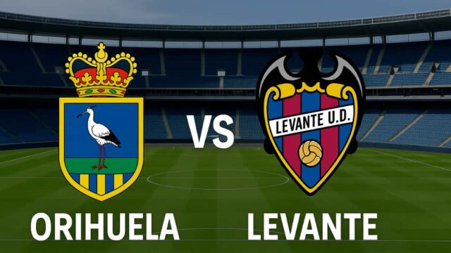 Logo Orihuela e Levante centrati su uno sfondo di campo da calcio con scritta “Copa del Rey - 30 Ottobre 2025”.