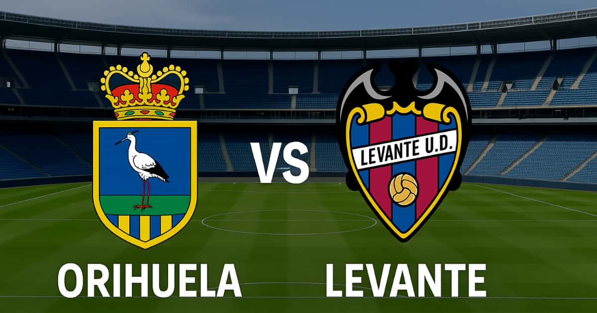 Logo Orihuela e Levante centrati su uno sfondo di campo da calcio con scritta “Copa del Rey - 30 Ottobre 2025”.