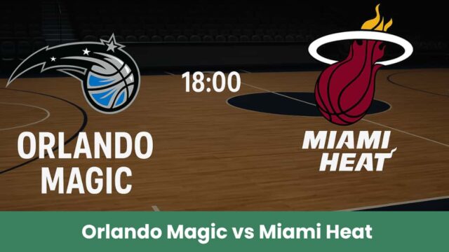 Grafica del match NBA di preparazione tra Orlando Magic e Miami Heat su un campo da basket.