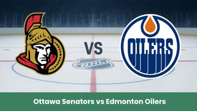Loghi Ottawa Senators e Edmonton Oilers centrati su una pista di hockey NHL con scritta VS.