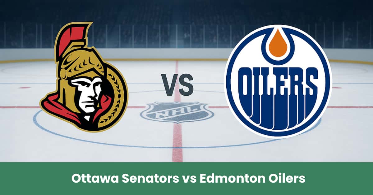 Loghi Ottawa Senators e Edmonton Oilers centrati su una pista di hockey NHL con scritta VS.