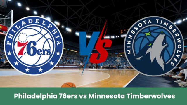 Immagine promozionale della partita NBA di preparazione tra Philadelphia 76ers e Minnesota Timberwolves, con i loghi delle squadre su una cancha di basket illuminata.