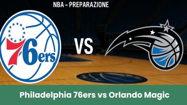 Philadelphia 76ers vs Orlando Magic in una sfida NBA di preparazione con i loghi delle squadre su un campo da basket illuminato.